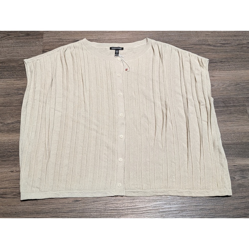 Eileen Fisher Cream Ribbed Knit Sleeveless Boxy Cardigan Sweater Shell Small S/P